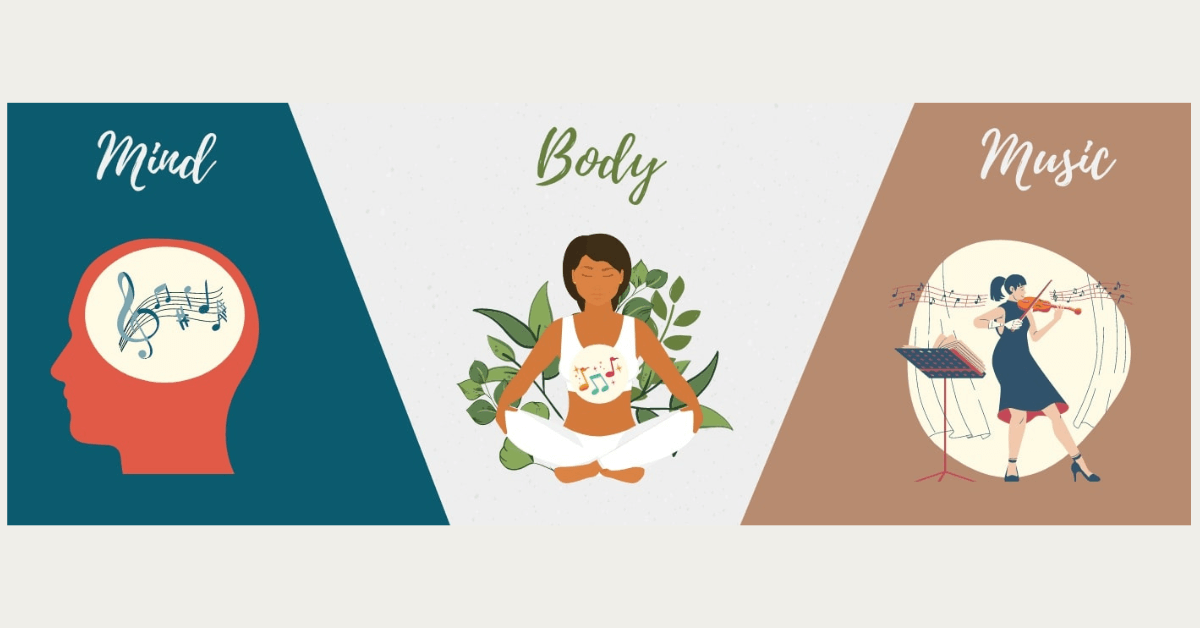 Illustrating music and wellness: a woman meditates to music, while another plays violin, promoting relaxation and mental well-being.