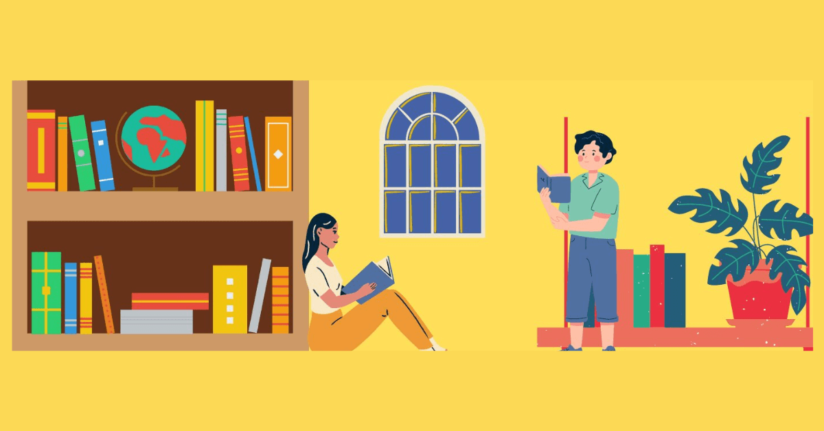 Students engrossed in reading various books, fostering a love for literature and literacy.