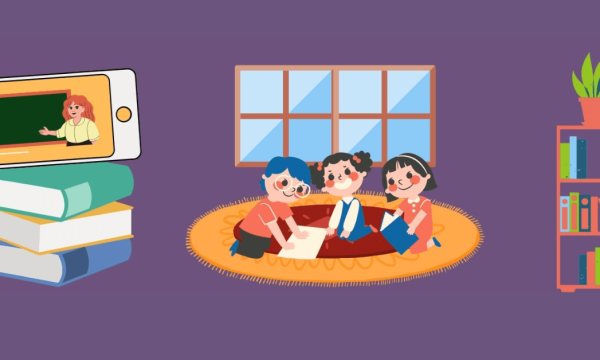 The classroom of 2021 CHIRE Blog The Classroom of 2021, Online teacher conducts class as three students happily engage in virtual learning, taking notes in book.