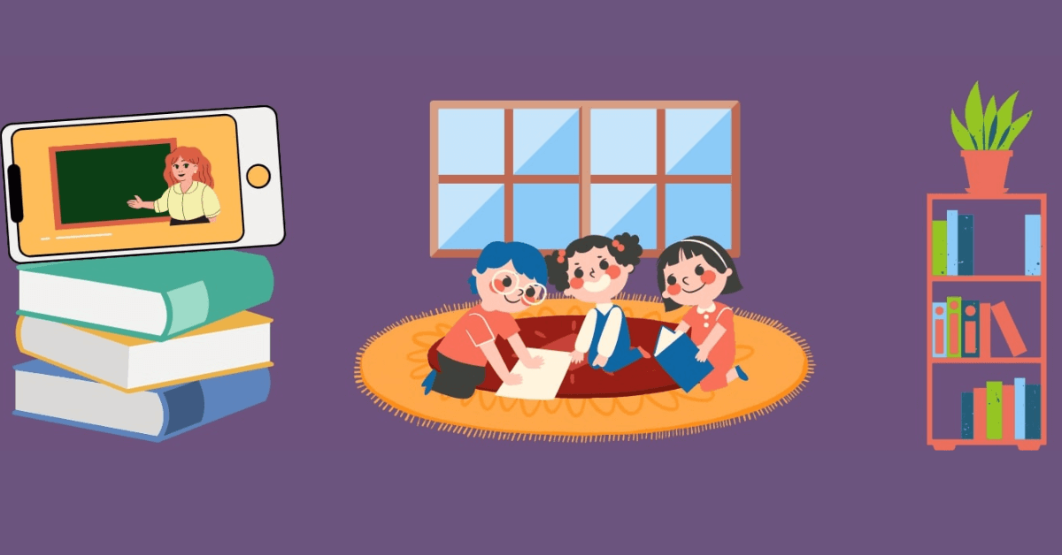 The Classroom of 2021, Online teacher conducts class as three students happily engage in virtual learning, taking notes in book.