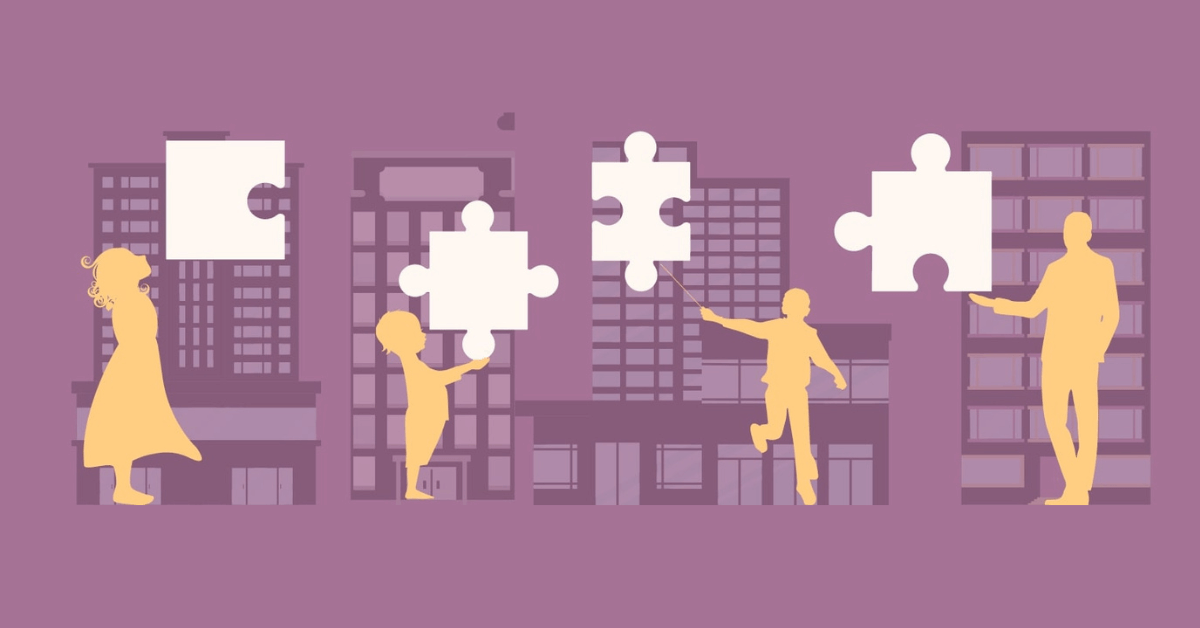 4 characters holding puzzles depicting connection